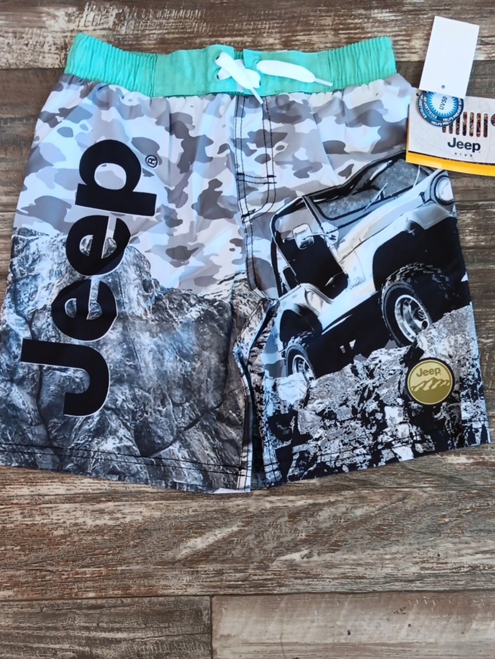 Jeep Gray Camo Swim Shorts with Teal Waistband Boys Size 8